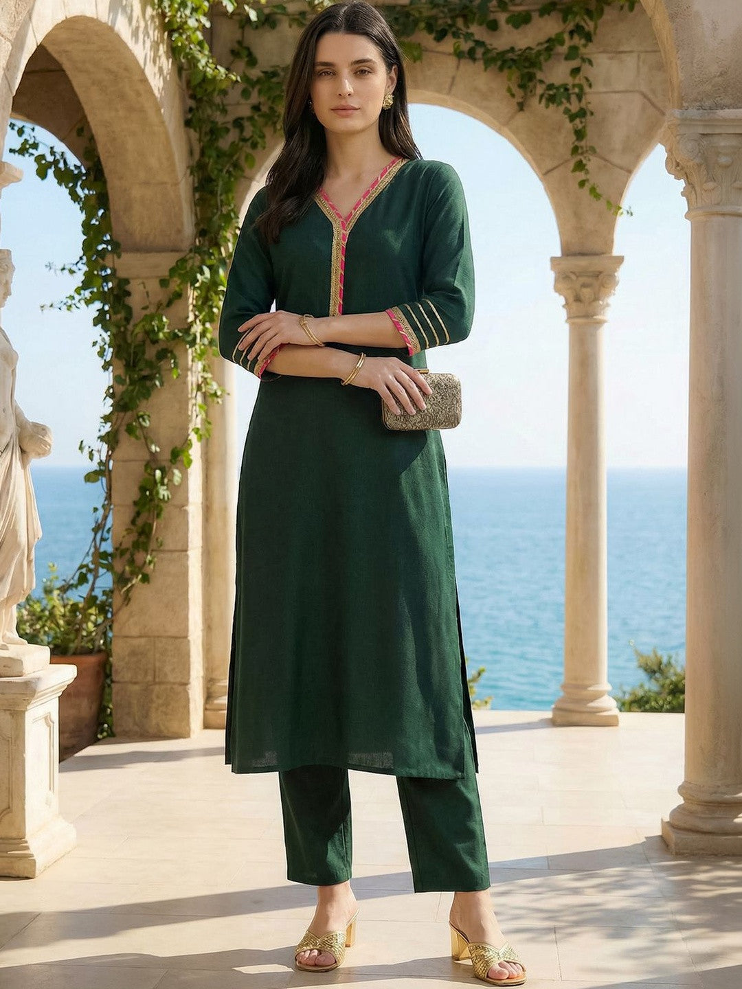 Women Regular Thread Work Liva Kurta with Trousers