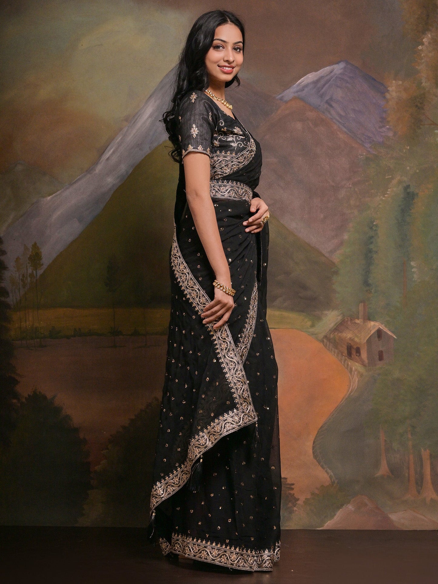 Women's Georgette Black Embellished Designer Saree With Blouse Piece