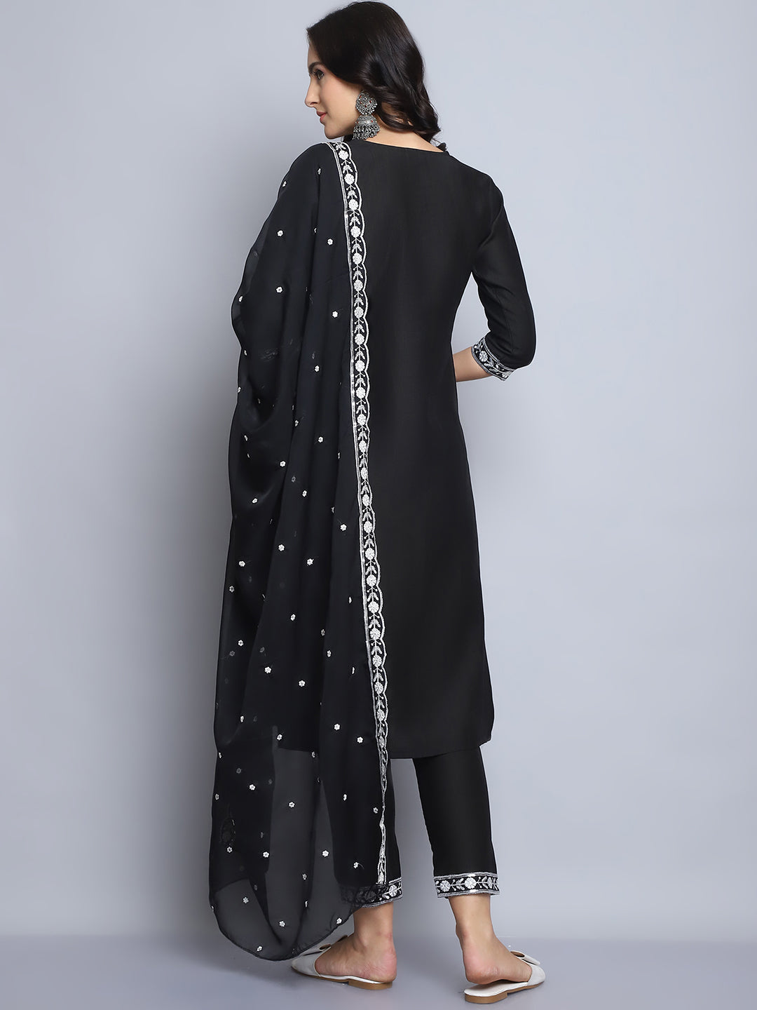 Women's Black Embroidery silk Kurta, Pant And Dupatta Set