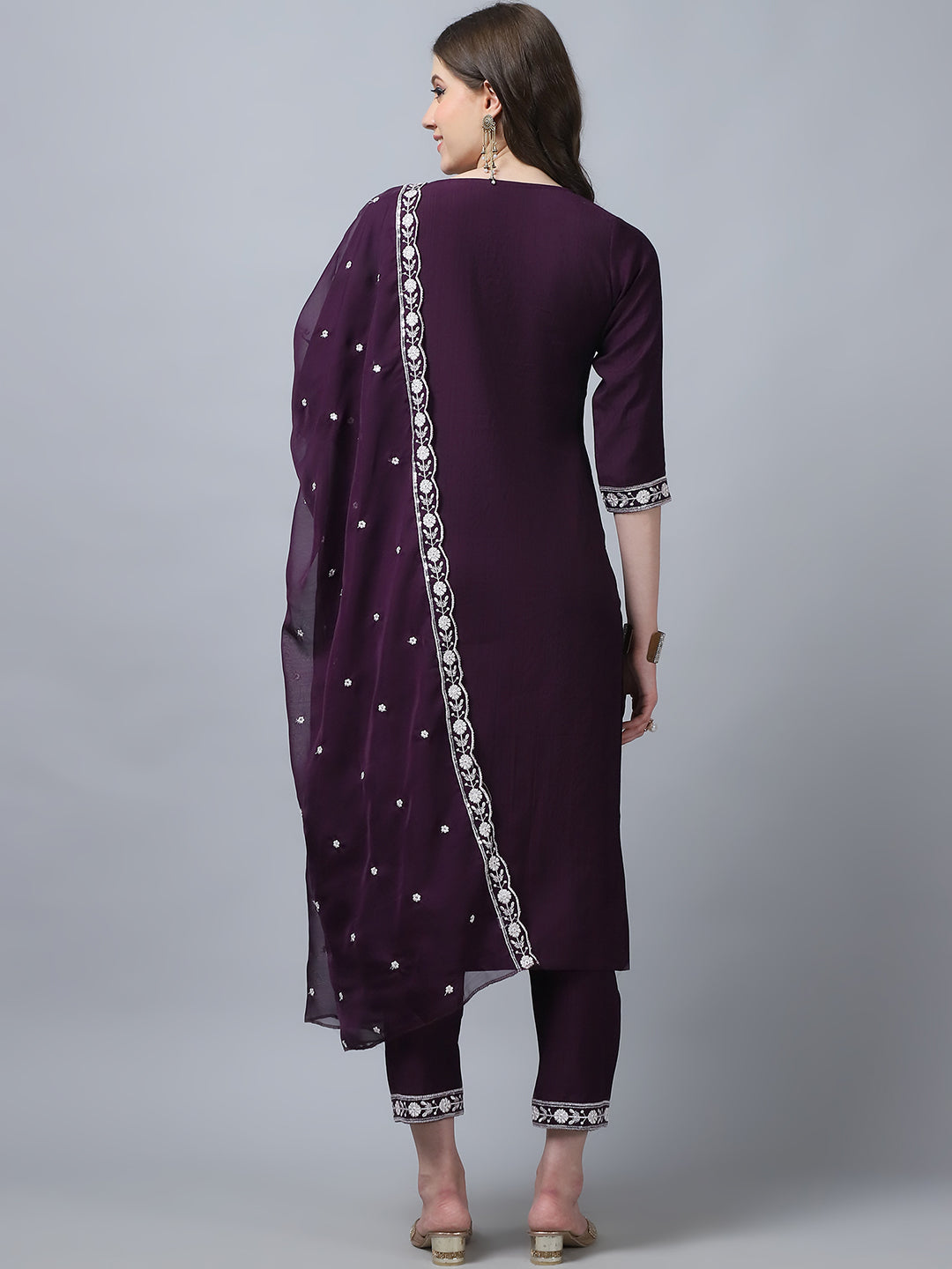 Women's Wine Embroidery silk Kurta, Pant And Dupatta Set