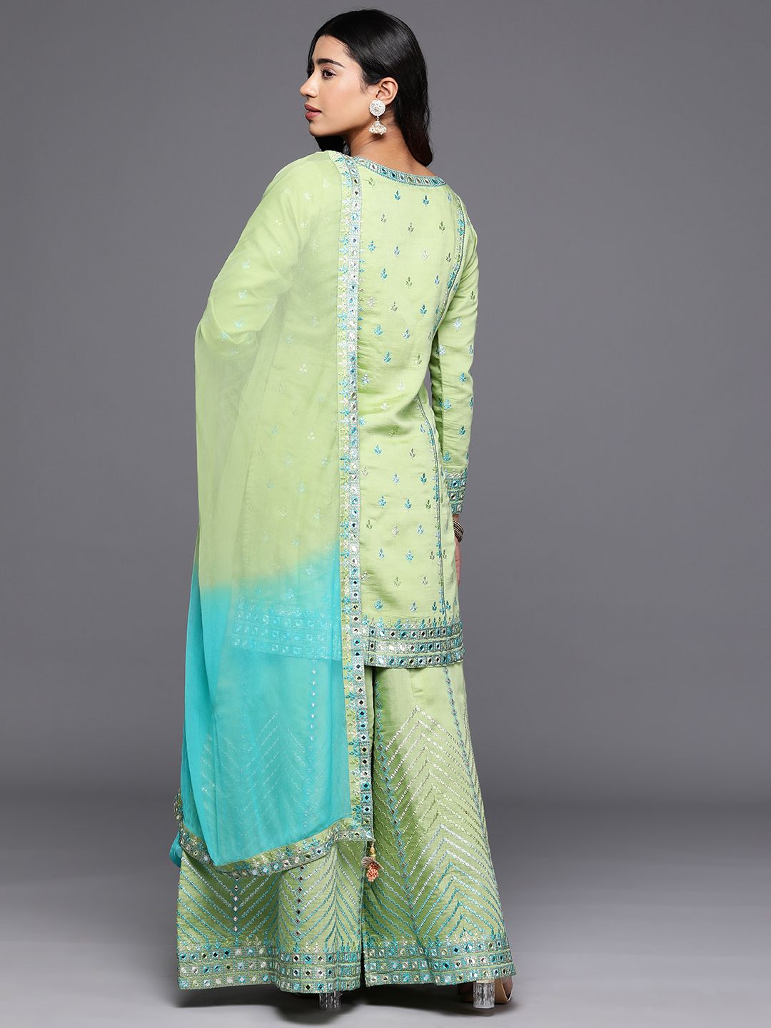 Dhiyona LL Women Floral Embroidered Mirror Work Kurta with Palazzos & Dupatta
