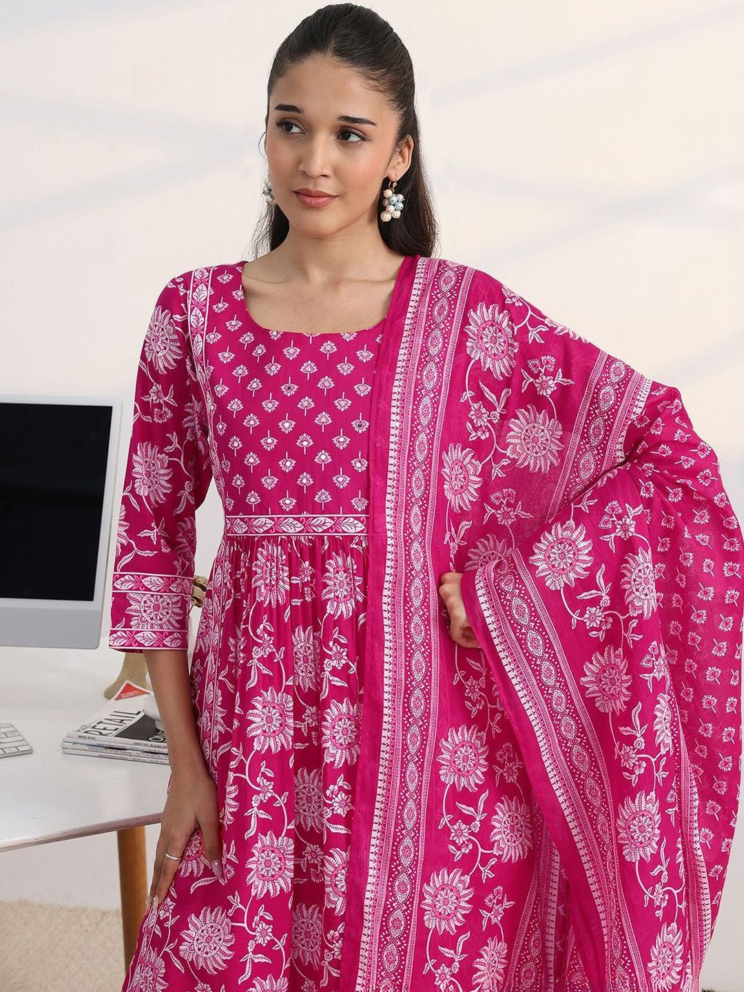 Libas Fuchsia Pink Floral Print A-Line Suit Set with Dupatta