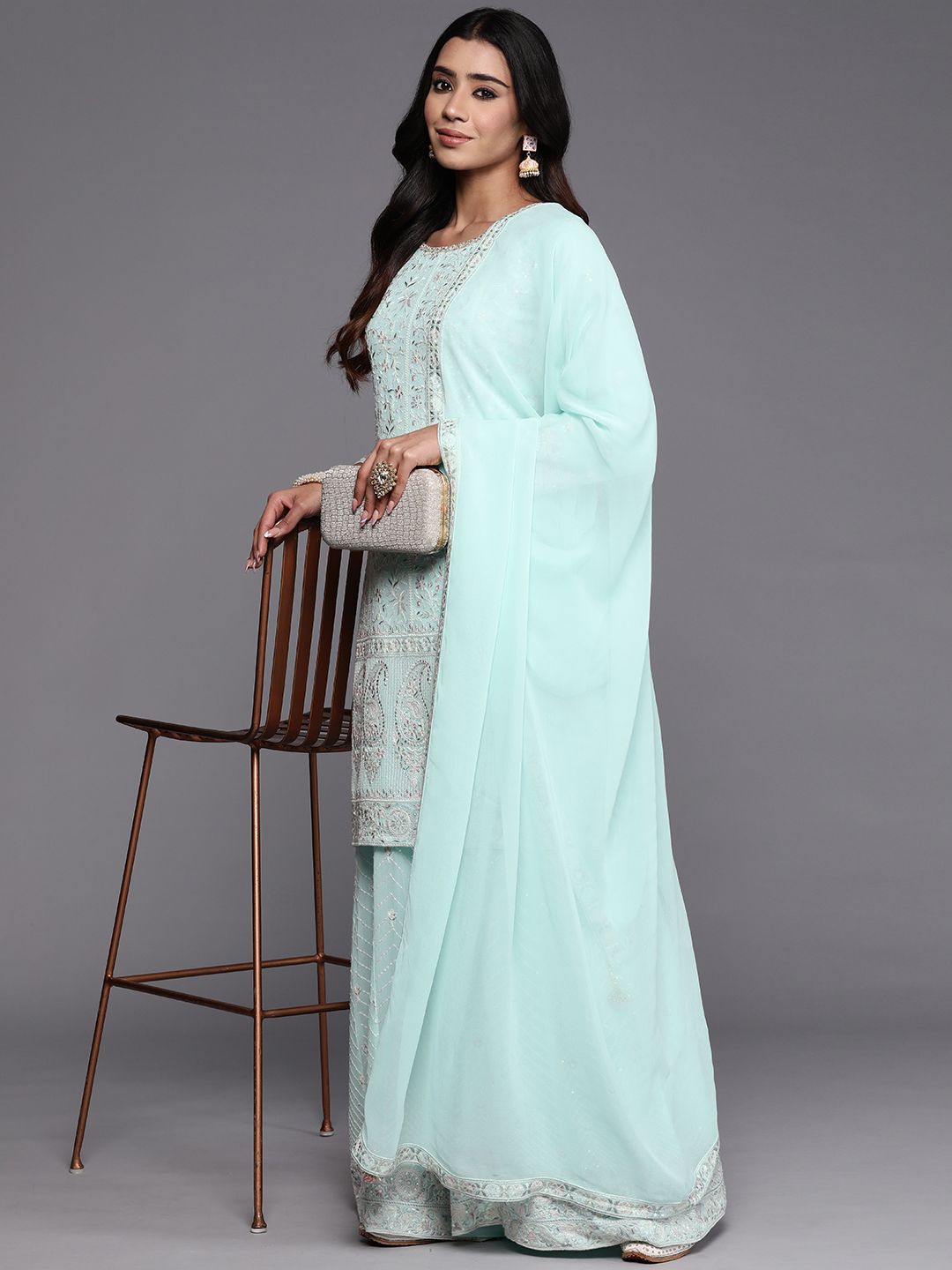 Dhiyona LL Women Floral Embroidered Regular Beads and Stones Kurta with Palazzos & Dupatta
