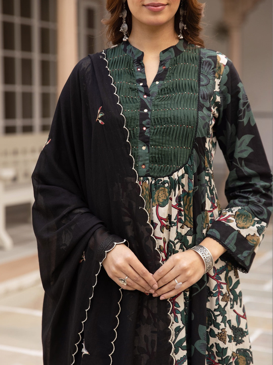 Printed Pure Cotton A-Line Kurta With Trousers & Dupatta