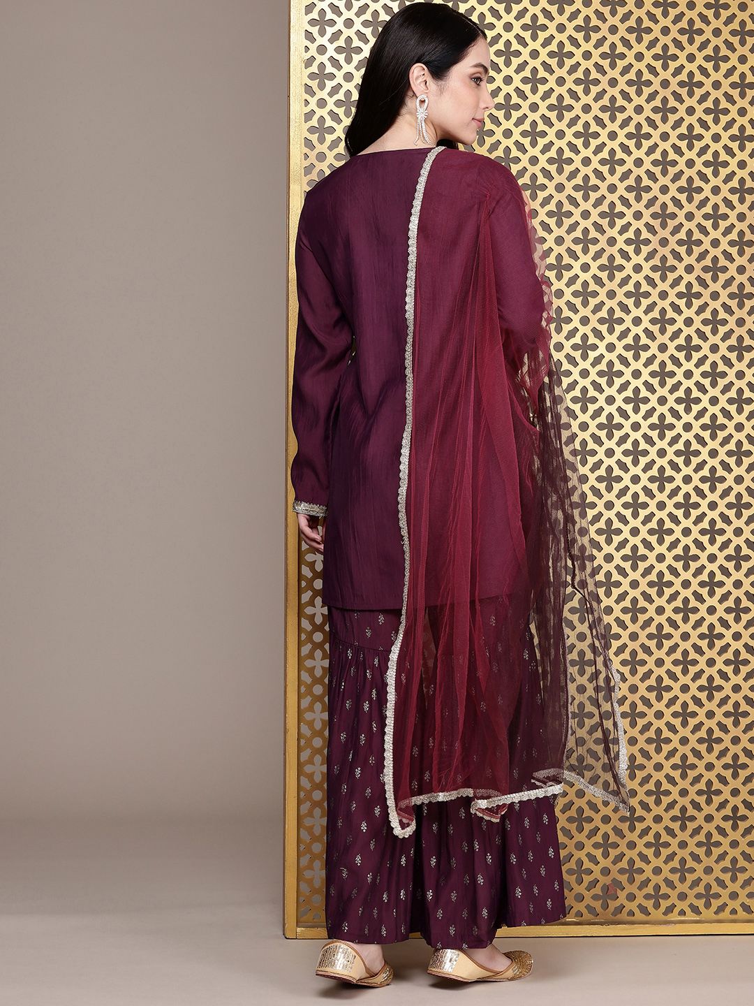 Dhiyona HOP Jashn Yoke Design Sequinned Zari Work Kurti With Sharara & Dupatta