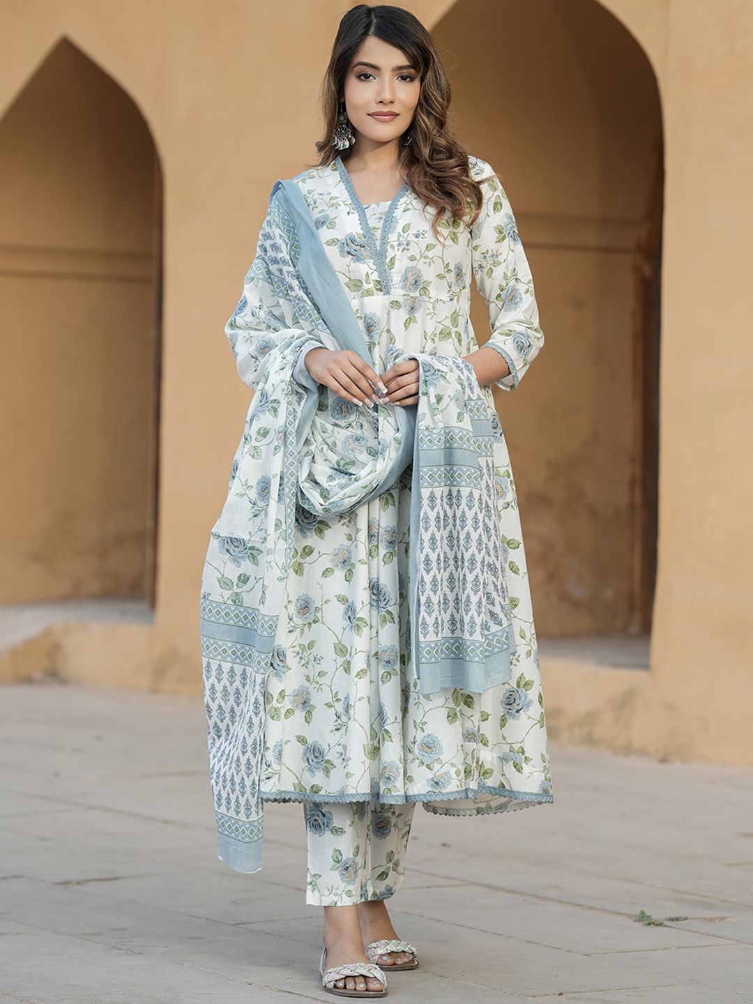 Dhiyona KL Floral Printed V-Neck Thread Work Pure Cotton Empire Kurta with Trousers & Dupatta