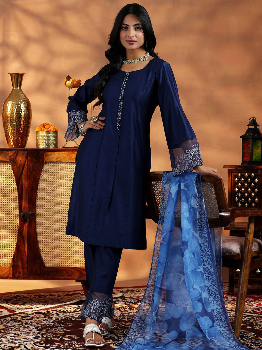 Floral Round Neck Panelled A Line Kurta with Trousers & Dupatta