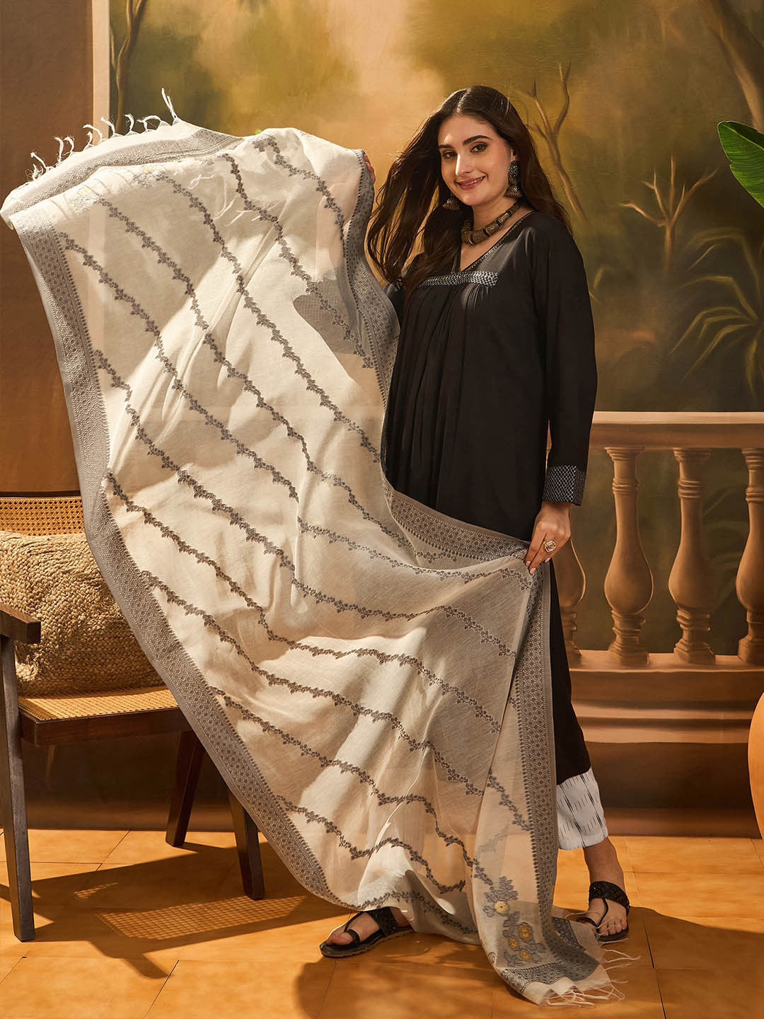 Summer Embroidered Zari V-Neck Straight Kurta & Palazzo With Dupatta