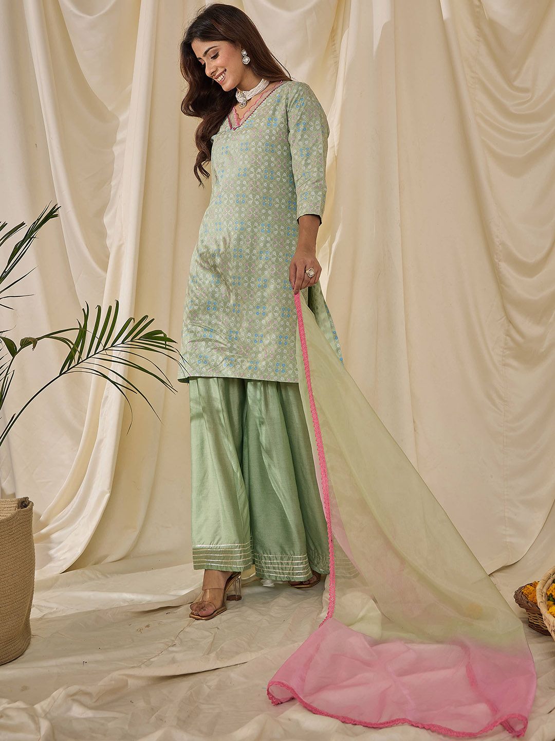 Dhiyona HOP Floral Printed V-Neck Straight Kurta & Sharara With Dupatta