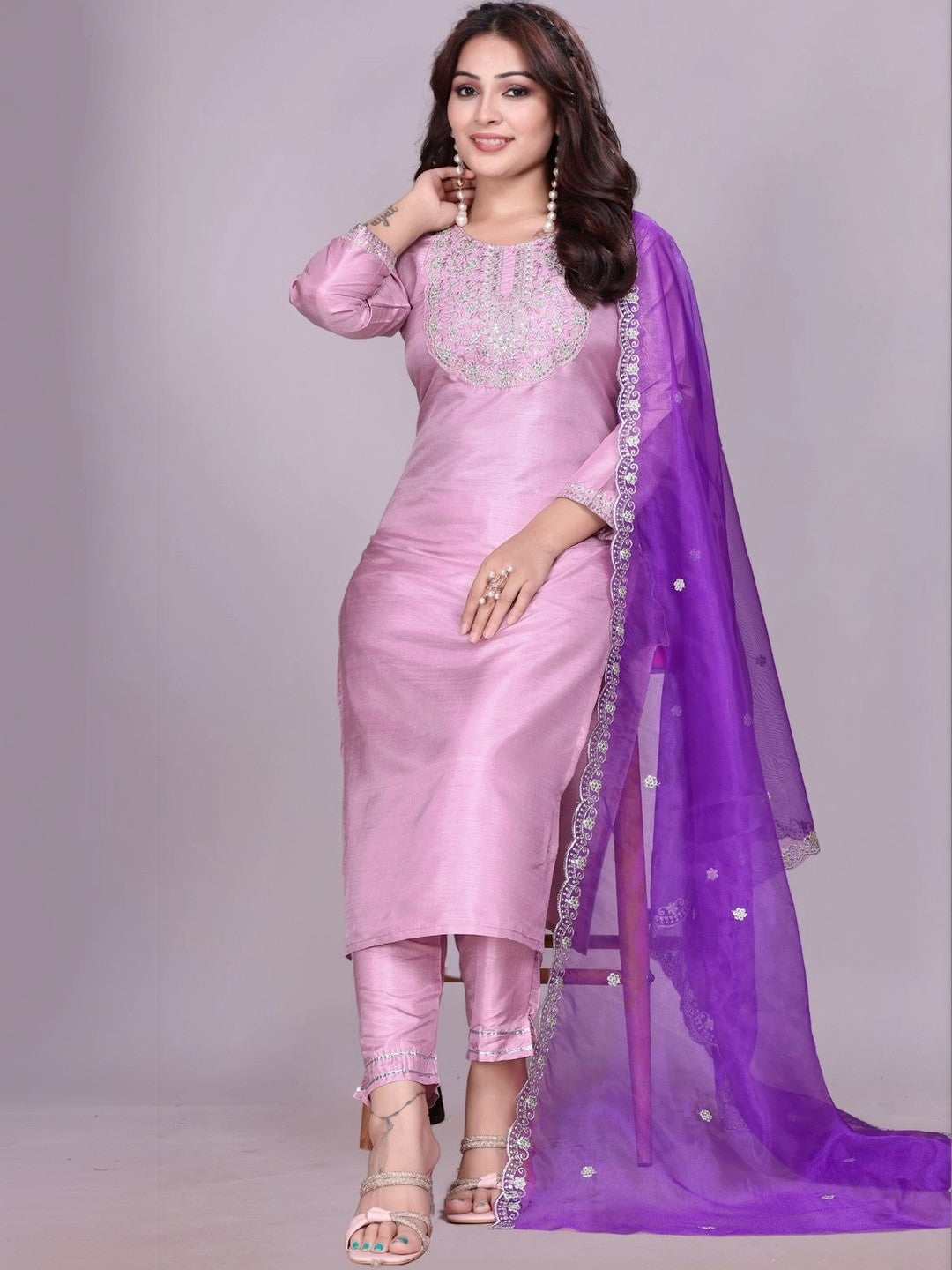 Women Ethnic Motifs Embroidered Regular Thread Work Kurta with Trousers & With Dupatta