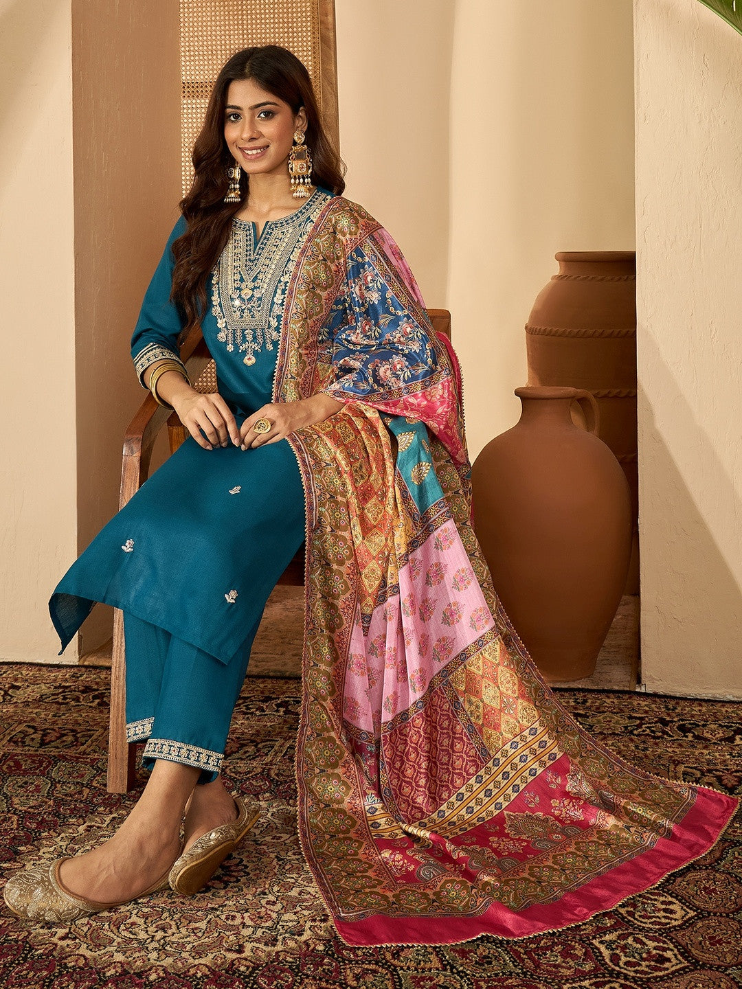 Women Silk Blend Embroidered Kurta Sets With Dupatta