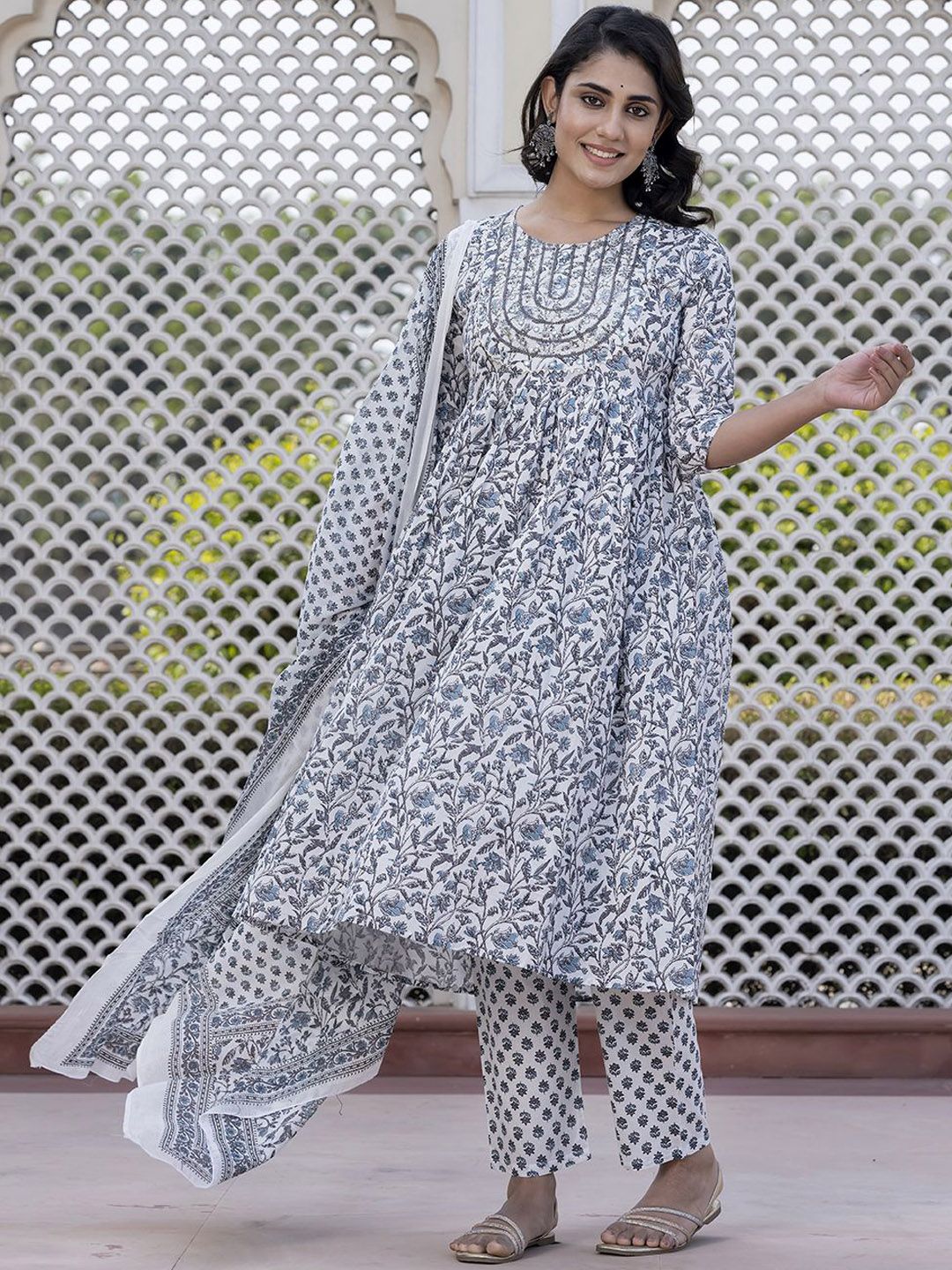 Dhiyona KL Floral Printed Thread Work Pure Cotton Anarkali Kurta With Trouser & Dupatta