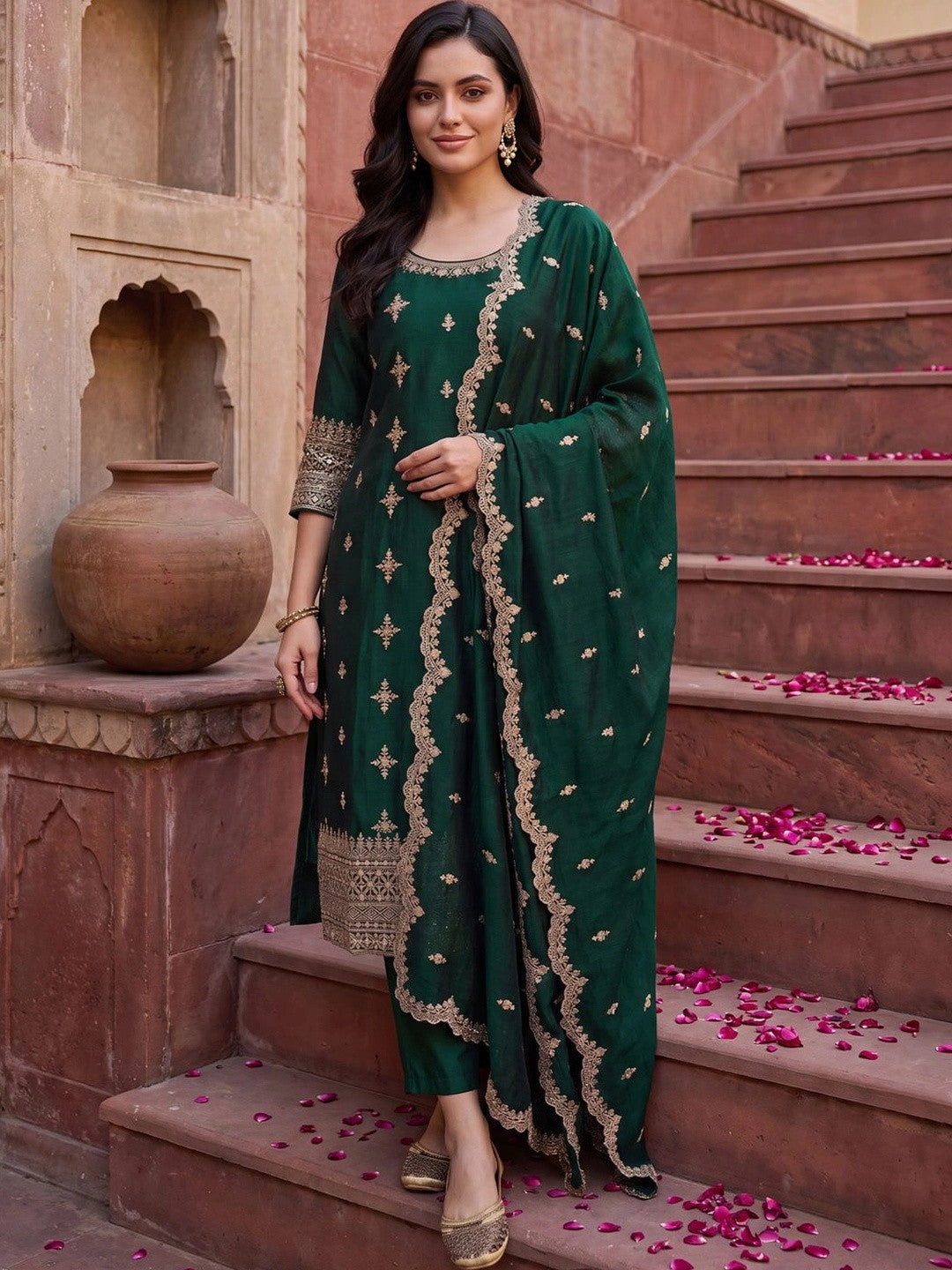 Women Ethnic Motifs Embroidered Regular Kurta with Trousers & With Dupatta
