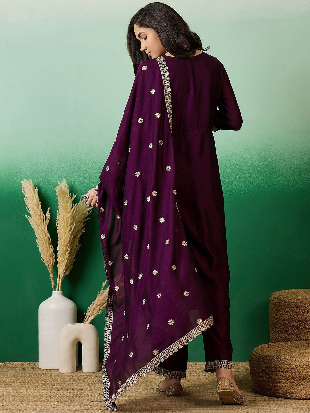 Purple Embroidered Empire Anarkali Kurta With Trousers & Dupatta