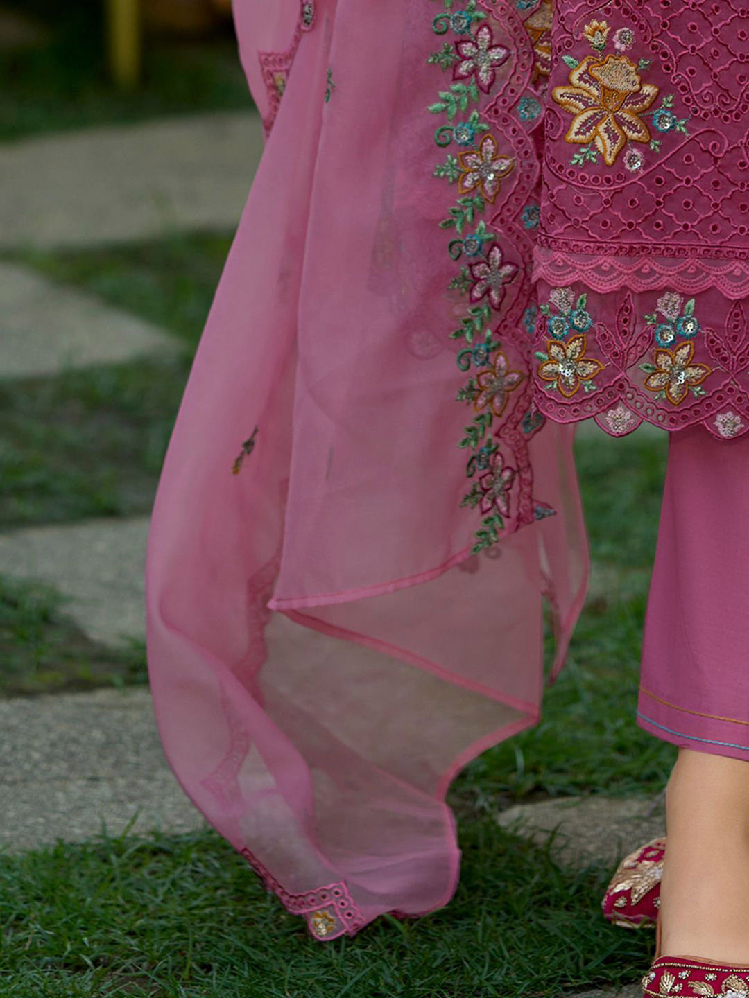 Floral Embroidered Pure Cotton Anarkali Kurta With Trousers And Dupatta