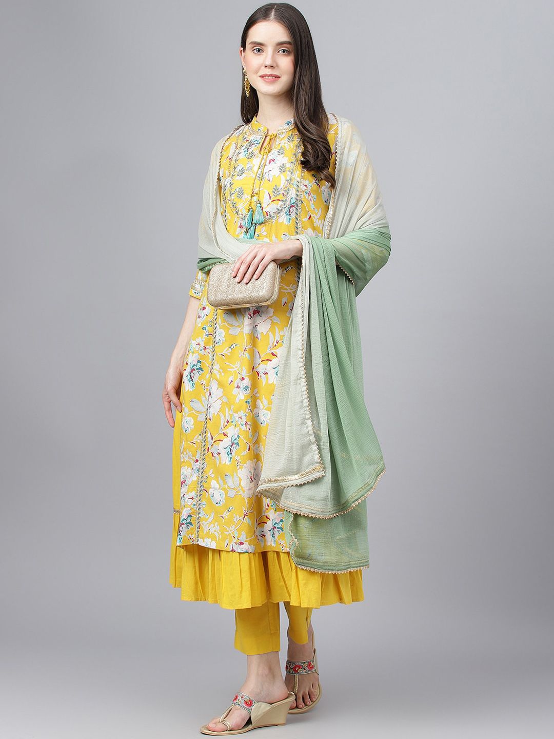 Dhiyona KL Floral Printed Layered Tie Up Neck Pure Cotton Kurta With Trousers & Dupatta