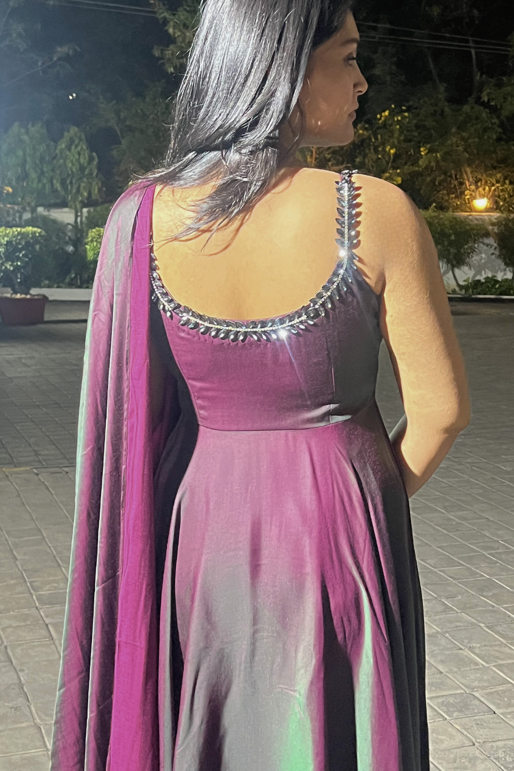 Dhiyona ST 3 pc Suit - Purple Green Satin Sleeveless Anarkali with Glass Trim