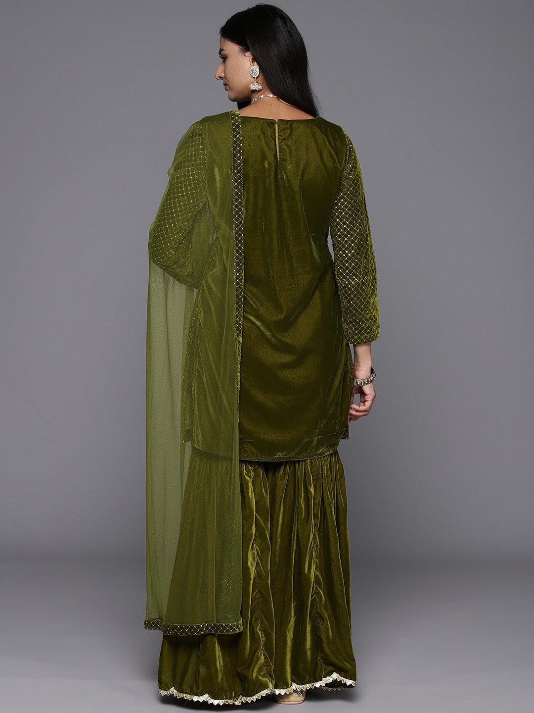 Embroidered Regular Sequinned Velvet Kurti with Sharara & Dupatta