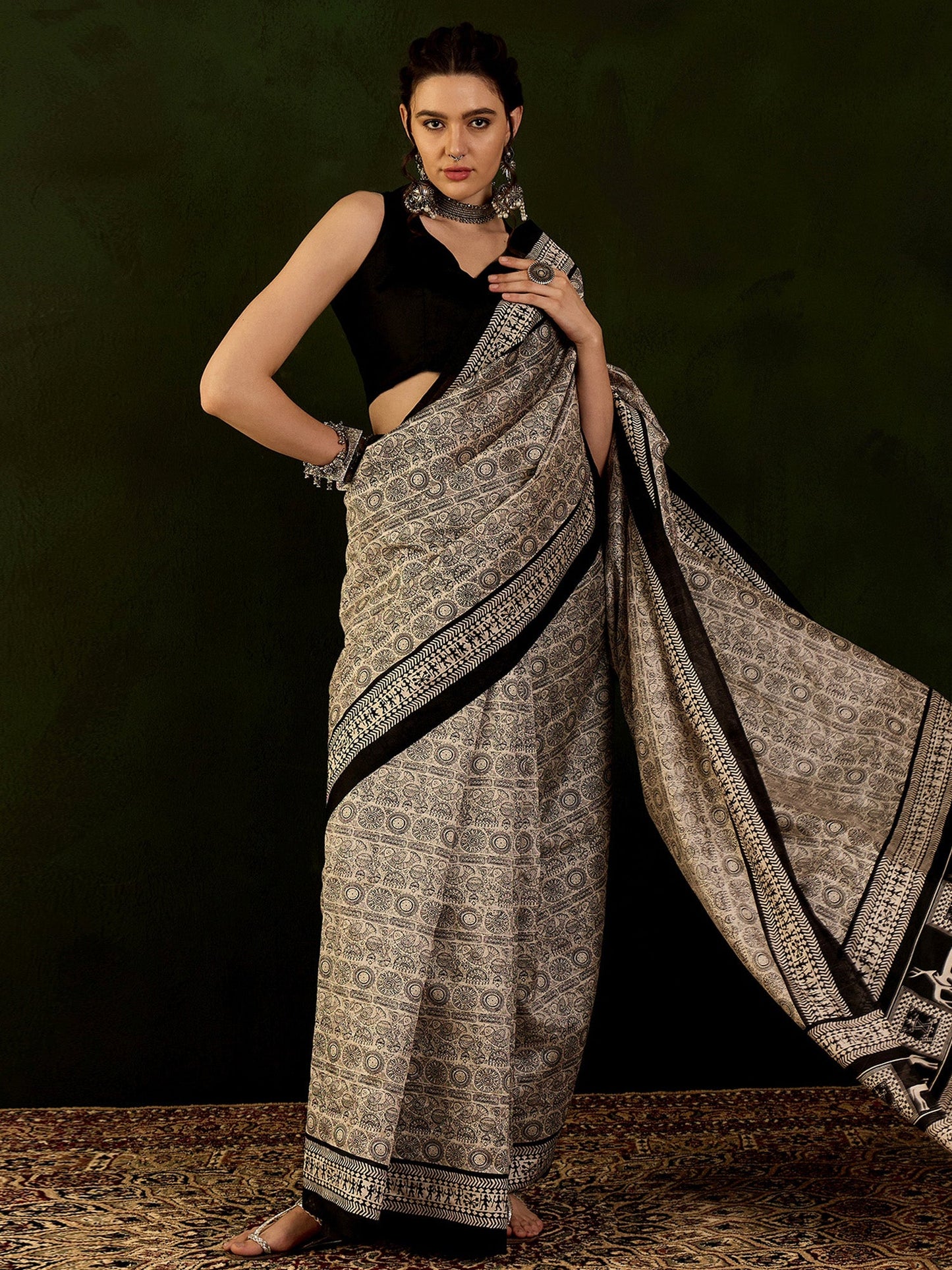 Women's Bhagalpuri Silk Beige Printed Designer Saree With Blouse Piece