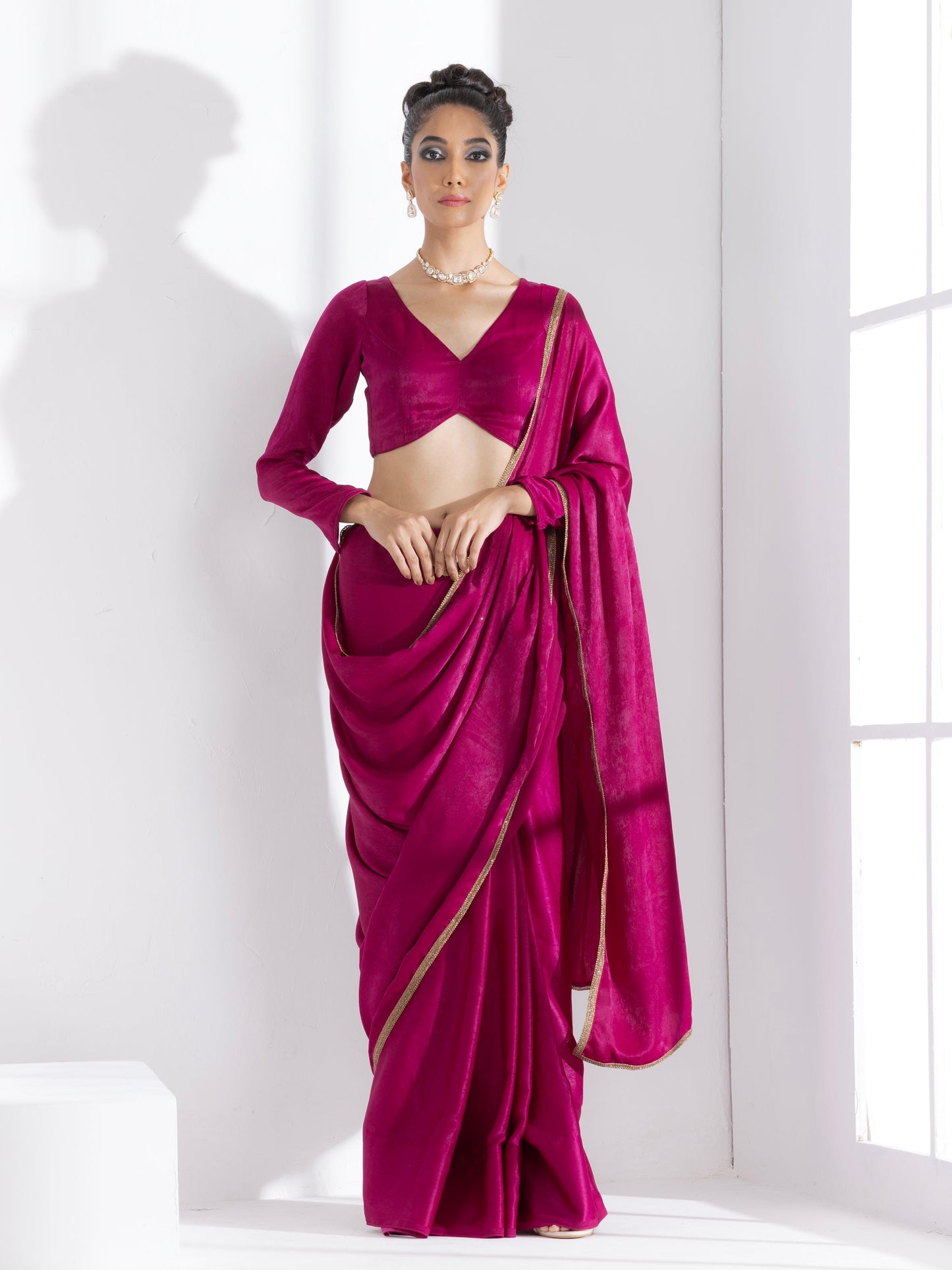 Dhiyona ST Posh Wine Saree with Bronze Lace and Self Blouse Fabric