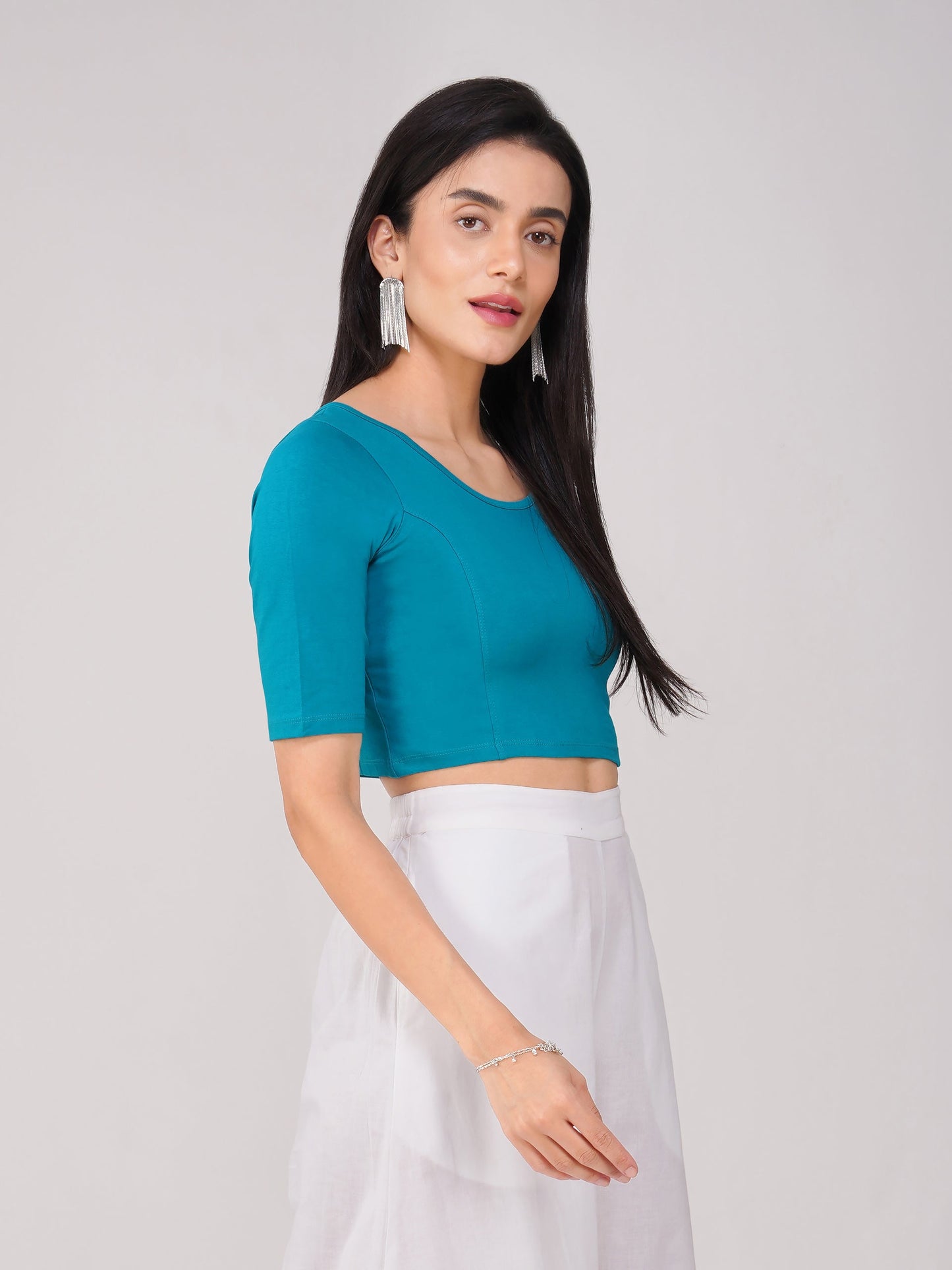 Dhiyona ST Women's ComfortEase 4-Way Stretch Turquoise Short Sleeve Blouse