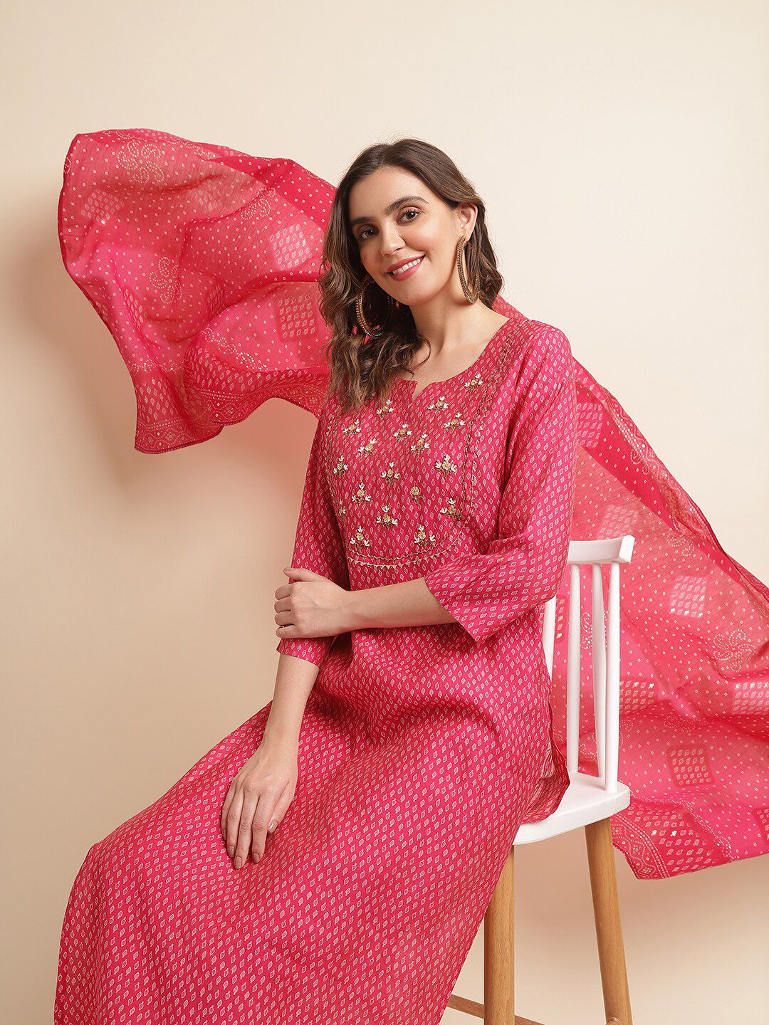 Dhiyona IS Women's Pink Printed Regular Sequinned Kurta with Trousers & Dupatta