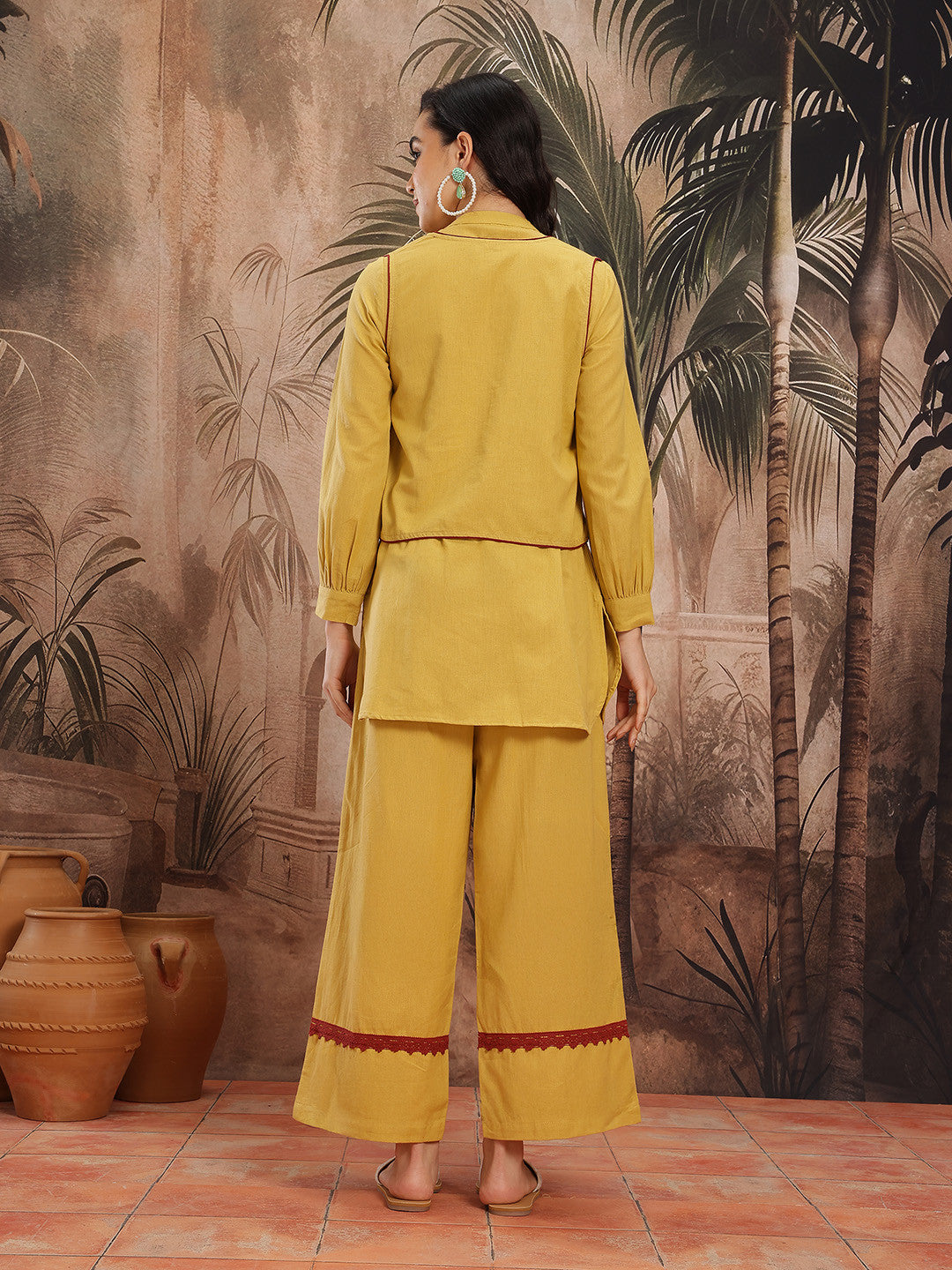 Pintucks Cotton-Linen Straight Kurti with Palazzos and Embroidered Waistcoat