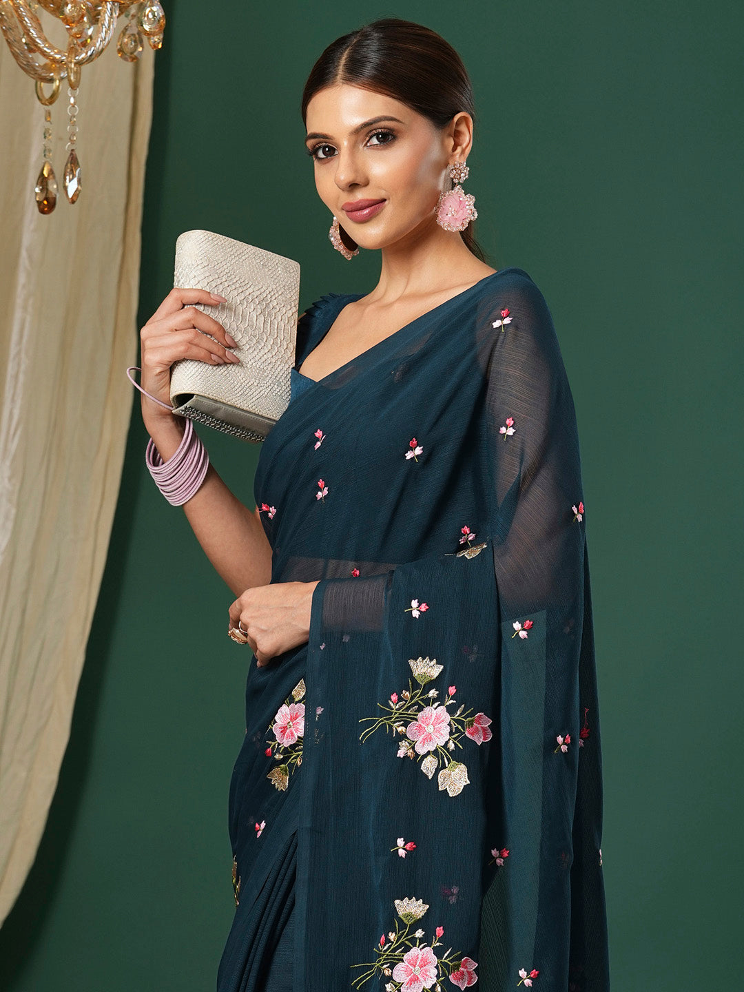 Women's Chiffon Teal blue Embroidered Designer Saree With Blouse Piece