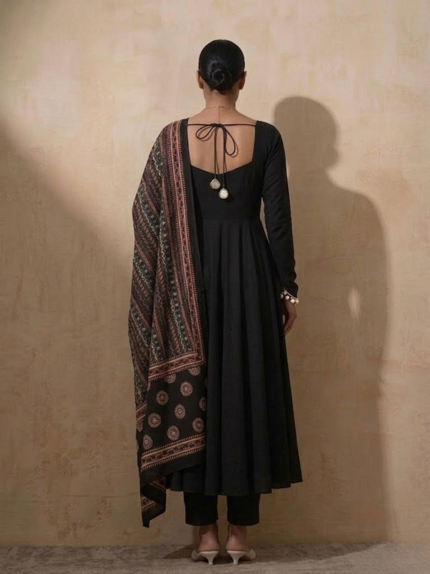Dhiyona ST 3 Pc Set - Black Cotton Anarkali with Black Printed Dupatta