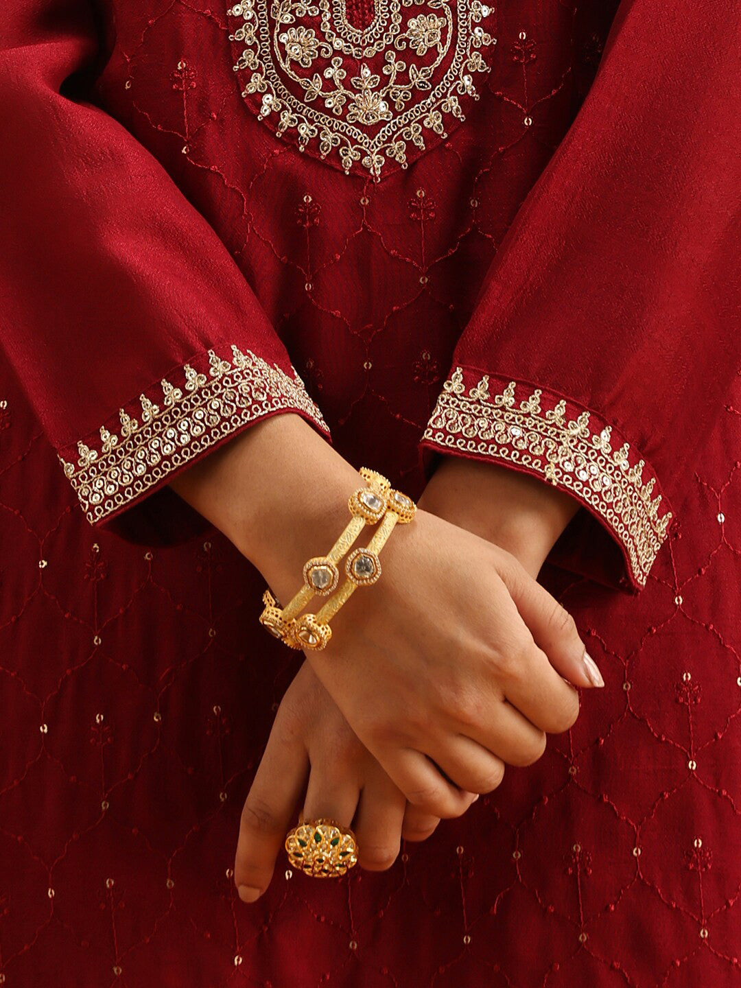 Maroon Floral Embroidered Sequined Kurta With Trousers & Dupatta