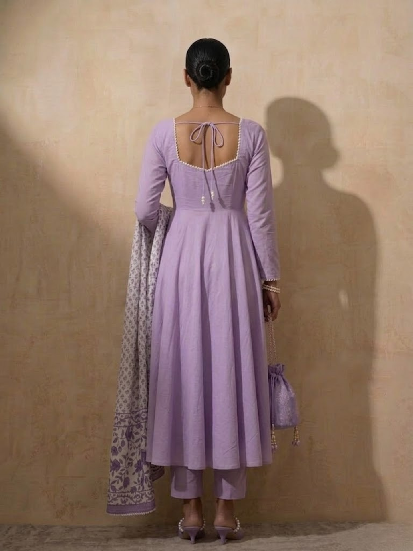 Dhiyona ST 3 Pc Set - Lilac Cotton Anarkali with Pearls and Lilac Printed Dupatta