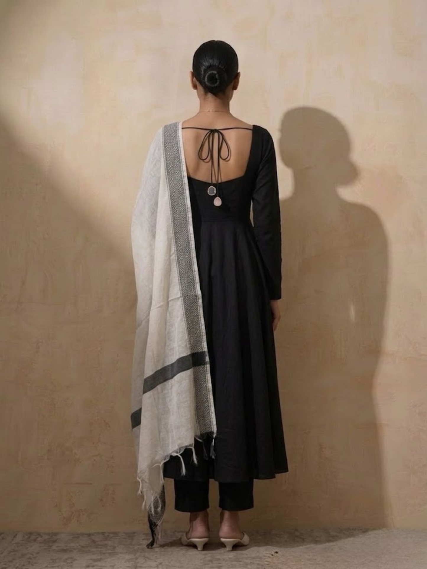 Dhiyona ST 3 Pc Set - Black Cotton Anarkali with Woven Cream Black Dupatta