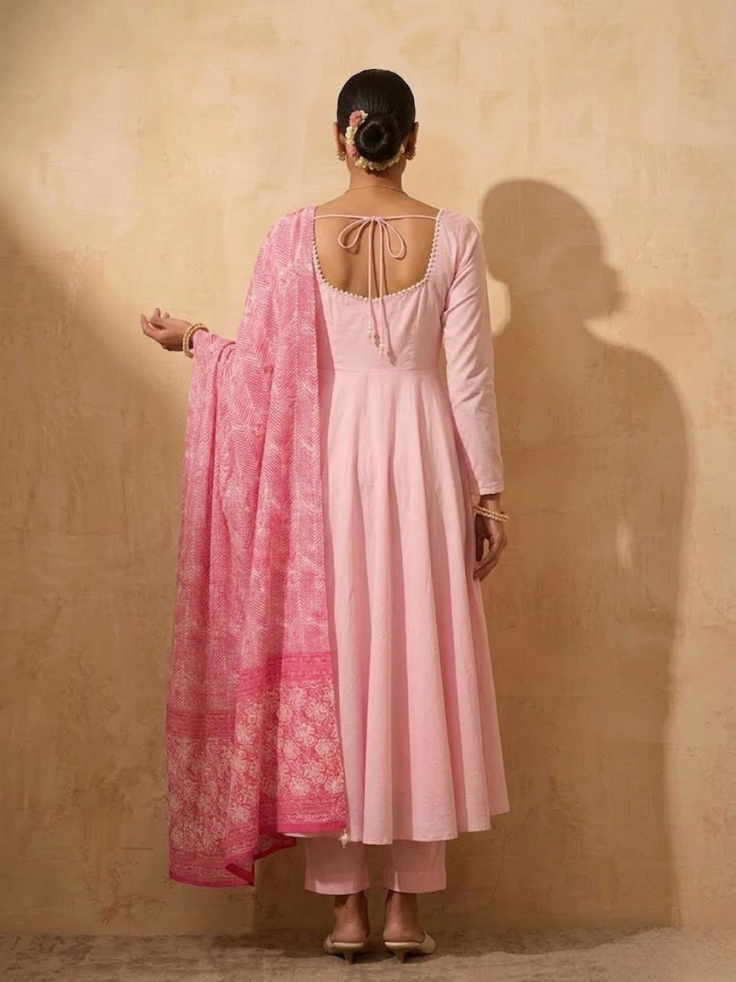 Dhiyona ST 3 Pc Set - Pink Cotton Anarkali with Pearls and Pink Printed Dupatta
