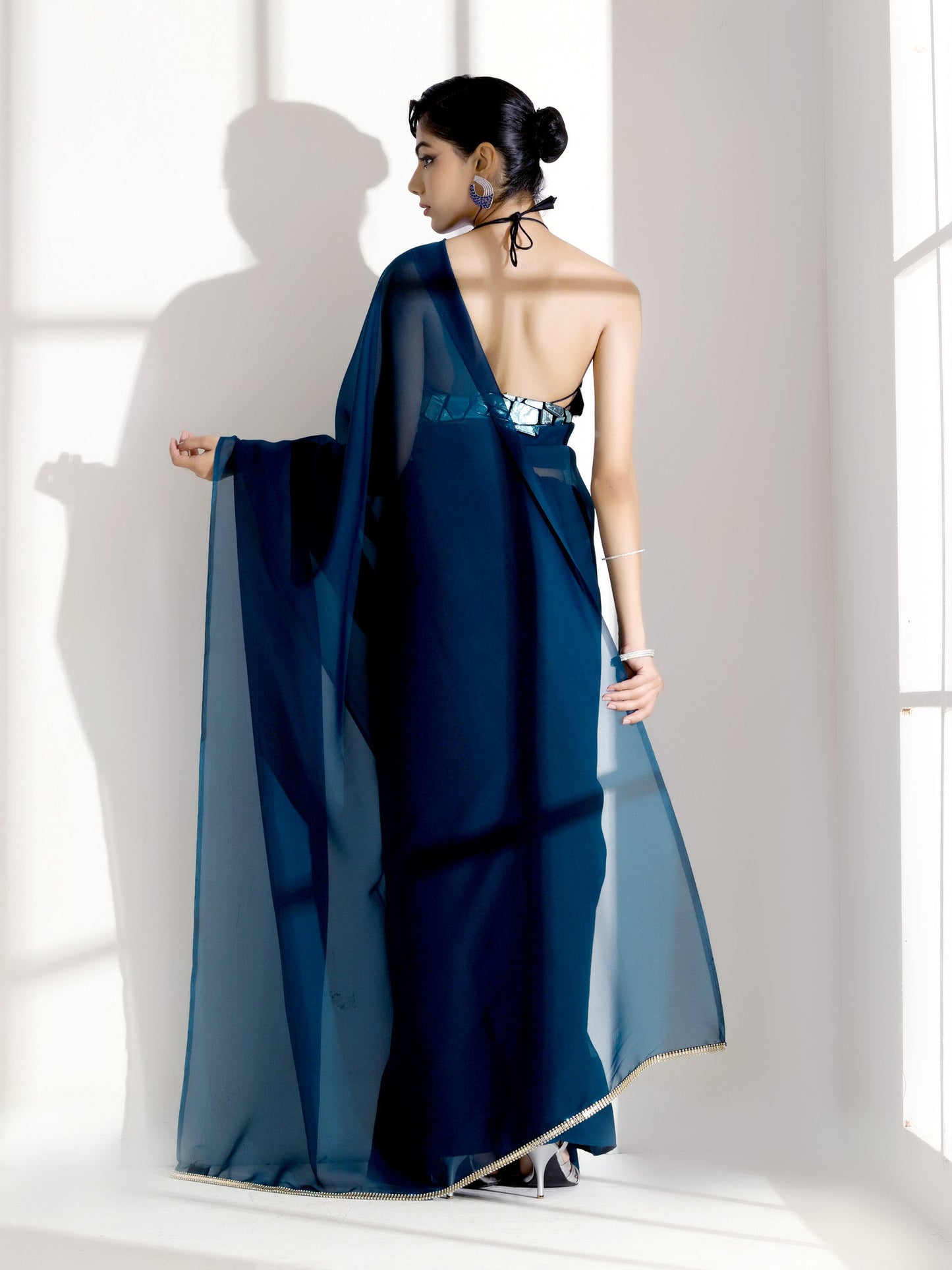 Dhiyona ST Blue Casa Soft Organza Saree with Diamond Lace with Self Blouse Fabric