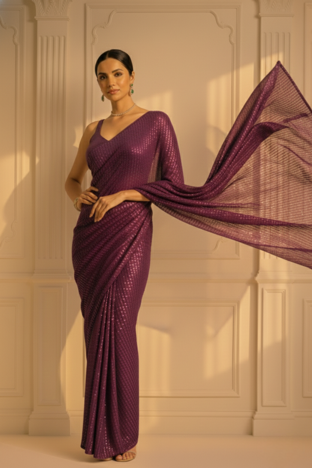 Dhiyona ST Wine Knitted Sequin Saree with Blouse Fabric