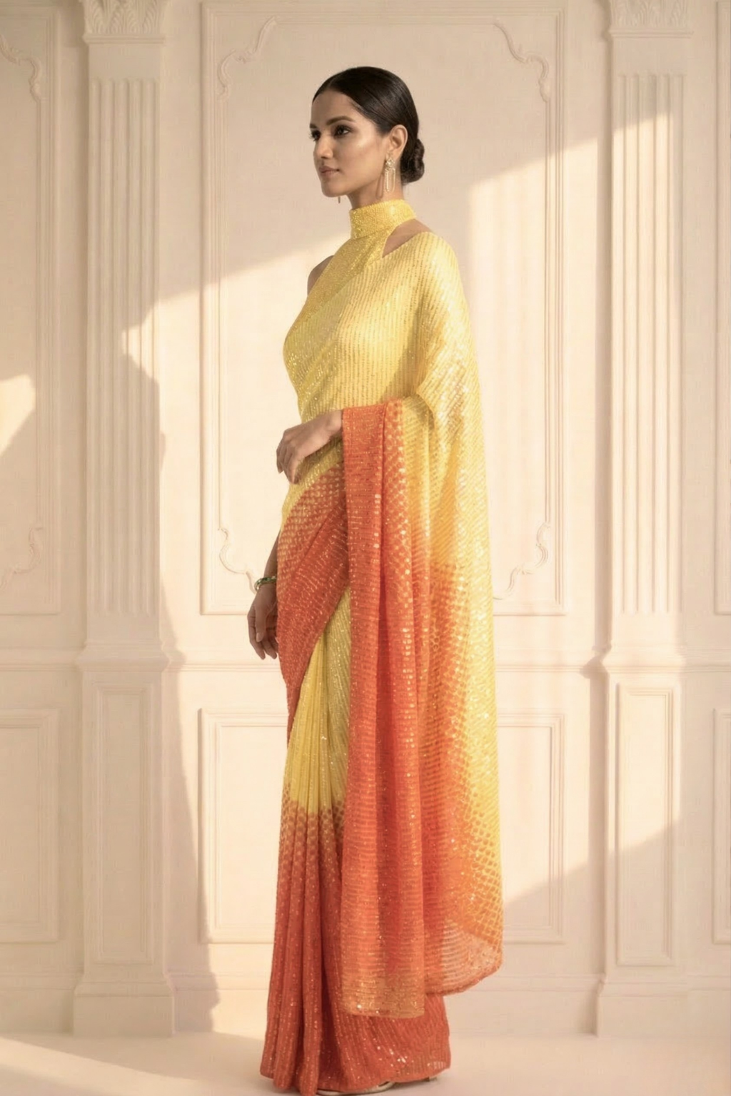 Dhiyona ST Yellow and Orange Ombre' Knitted Sequin Saree with Blouse Fabric