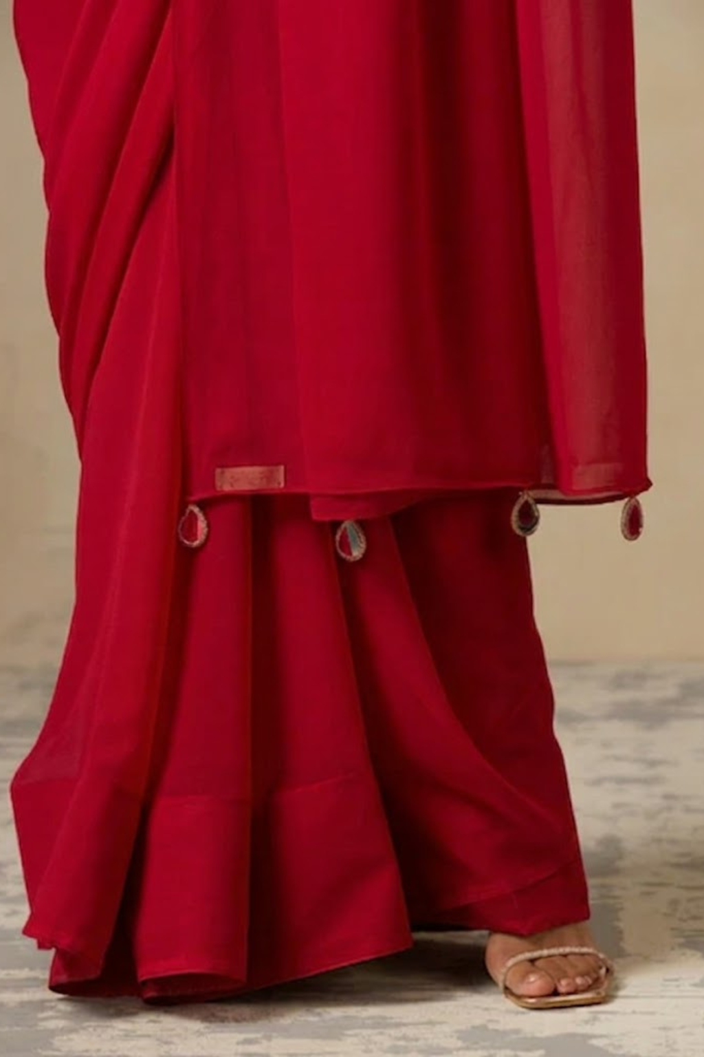 Dhiyona ST With Stitched Blouse -Red Brocade Blouse with Red Chiffon Saree (Blouse has sleeve attached)