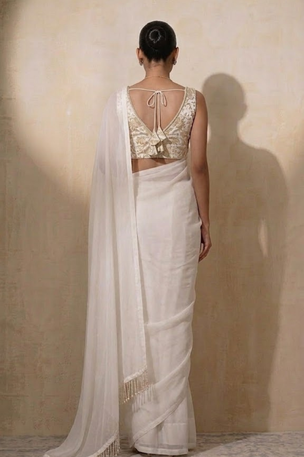 Dhiyona ST With Stitched Blouse - White Brocade Blouse with White Chiffon Saree (Blouse has sleeve attached)