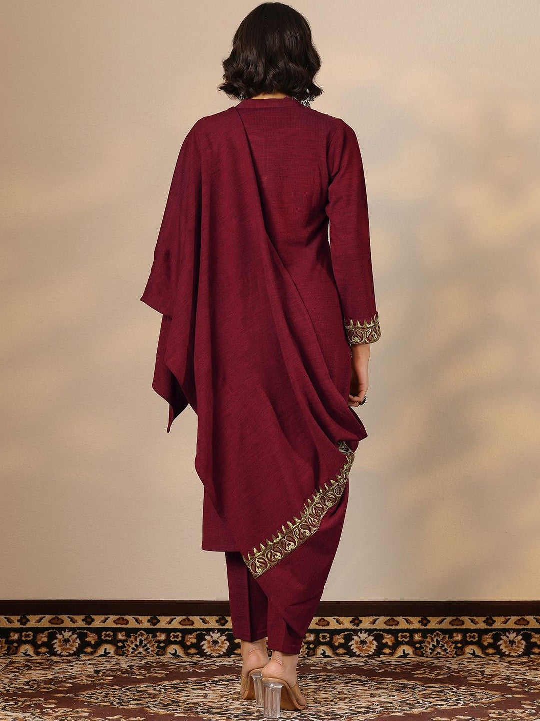 Ethnic Motifs Embroidered Mandarin Collar Thread Work Kurta With Trousers & Dupatta