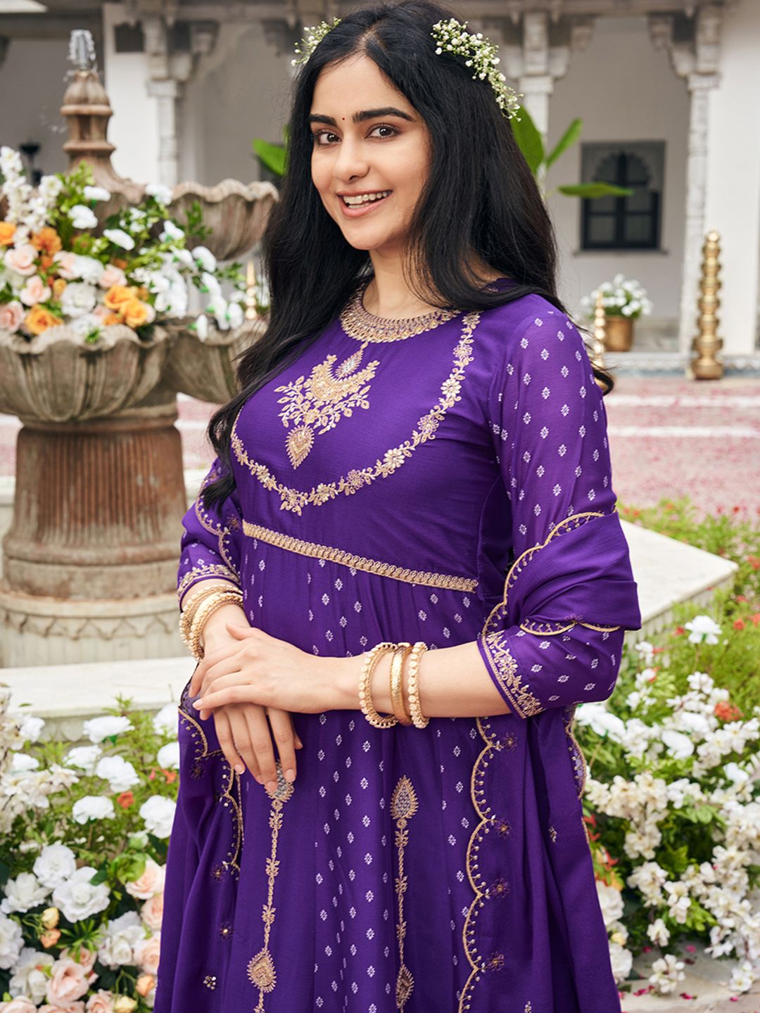 Dhiyona CH Embroidered Round Neck Chinon Thread Work Anarkali Kurta With Palazzos & Dupatta