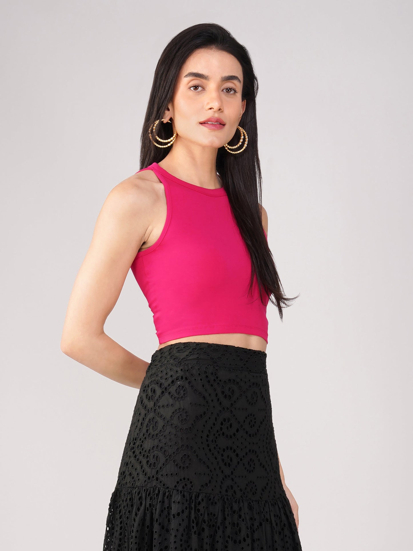 Dhiyona ST Women's Stretchy Knitted Halter Neck Fuchsia Crop Top