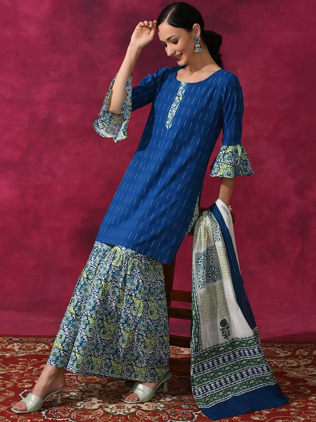 Dhiyona AN Blue Ethnic Motifs Printed Regular Pure Cotton Kurti with Sharara & Dupatta