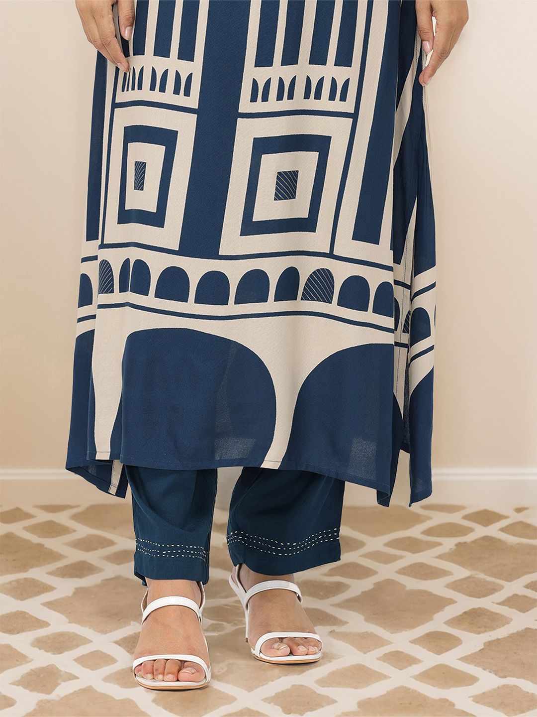 Dhiyona IS Women's Geometric Quirky Printed A- Line Kurta and Pants with Embroidered Hem