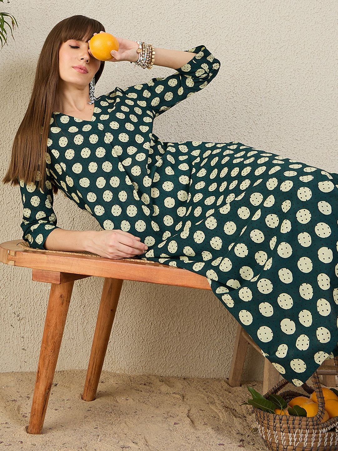 Polka Dots Printed Pleated V-Neck A-Line Pure Cotton Kurta with Trousers