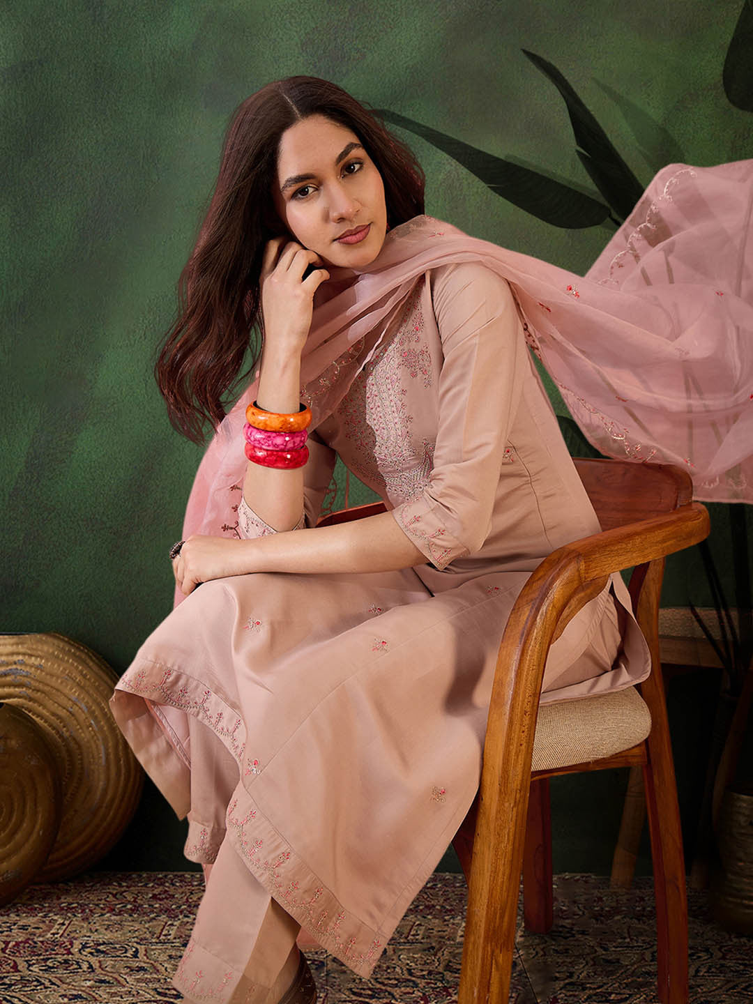 Zari Sequence Embroidered Straight Kurta & Trousers With Dupatta