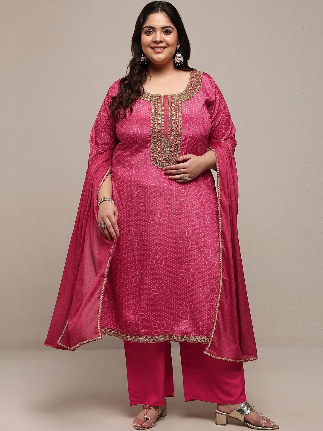 Dhiyona Women's Plus Size Ethnic Motifs Printed Kurta with Palazzos & With Dupatta