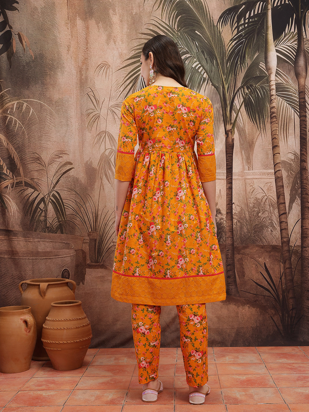 Floral Printed Empire Schiffli Cotton Kurta with Trousers