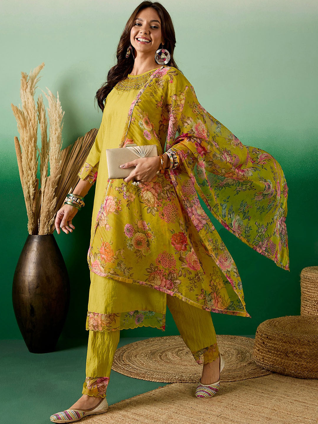 Green Floral Embroidered Round Neck Zari A-Line Kurta With Trouser & Dupatta
