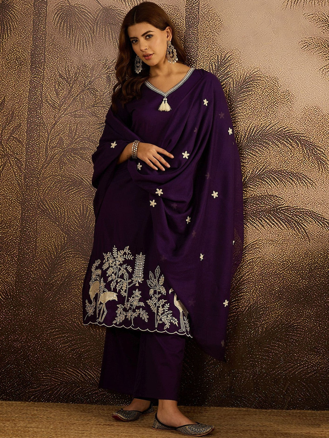 Thread Work Embroidered Kurta with Trousers & Dupatta