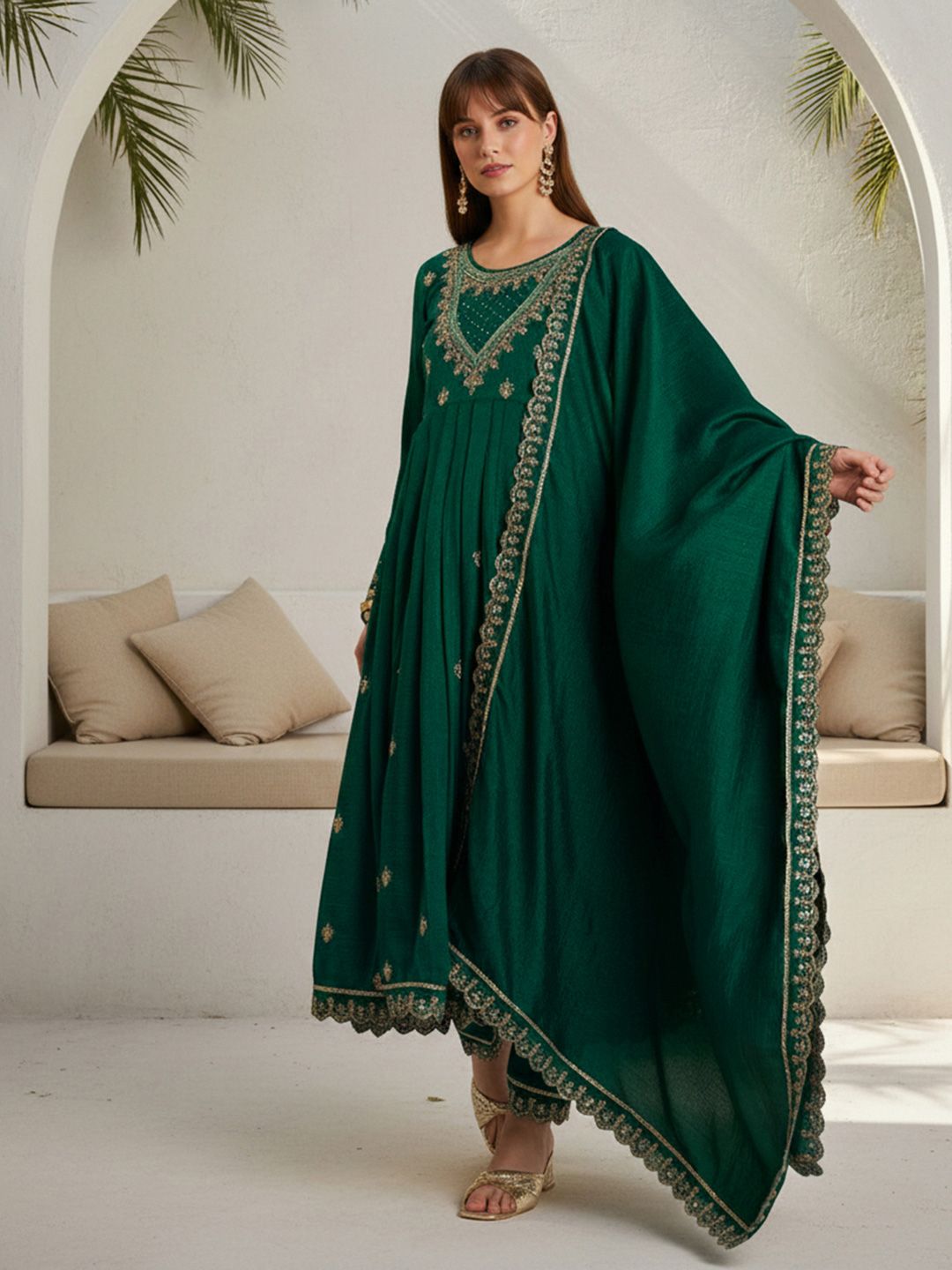 Dhiyona CH Women Ethnic Motifs Embroidered Panelled Thread Work Kurta with Trousers & With Dupatta